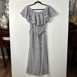 NECTAR CLOTHING SZ M NWOT JUMPSUIT Off-Shoulder GREY WHITE w/POCKETS SELF TIE